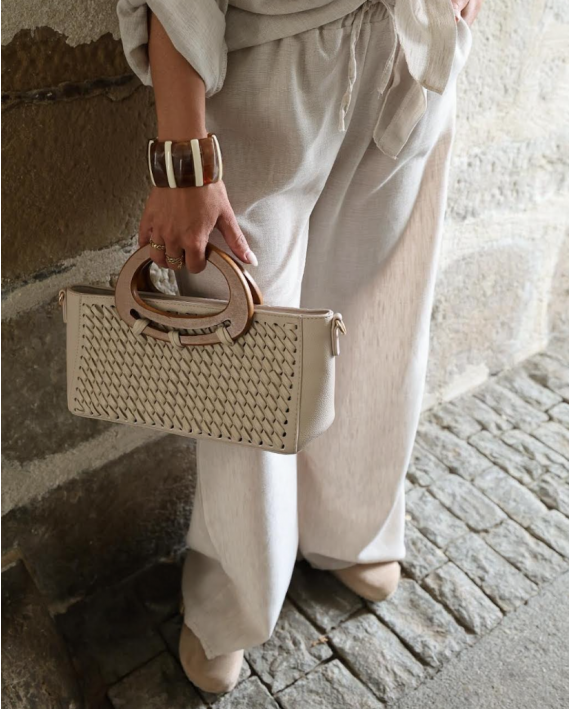 Pantalon large effet lin beige