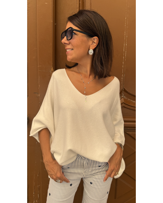 Pull léger col V blanc
